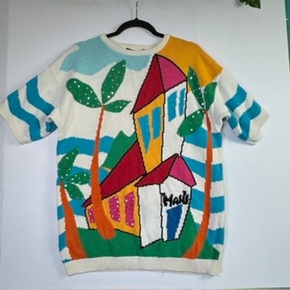 Vintage IB Diffusion Tropical Beach House Short Sleeve Knit Sweater Small